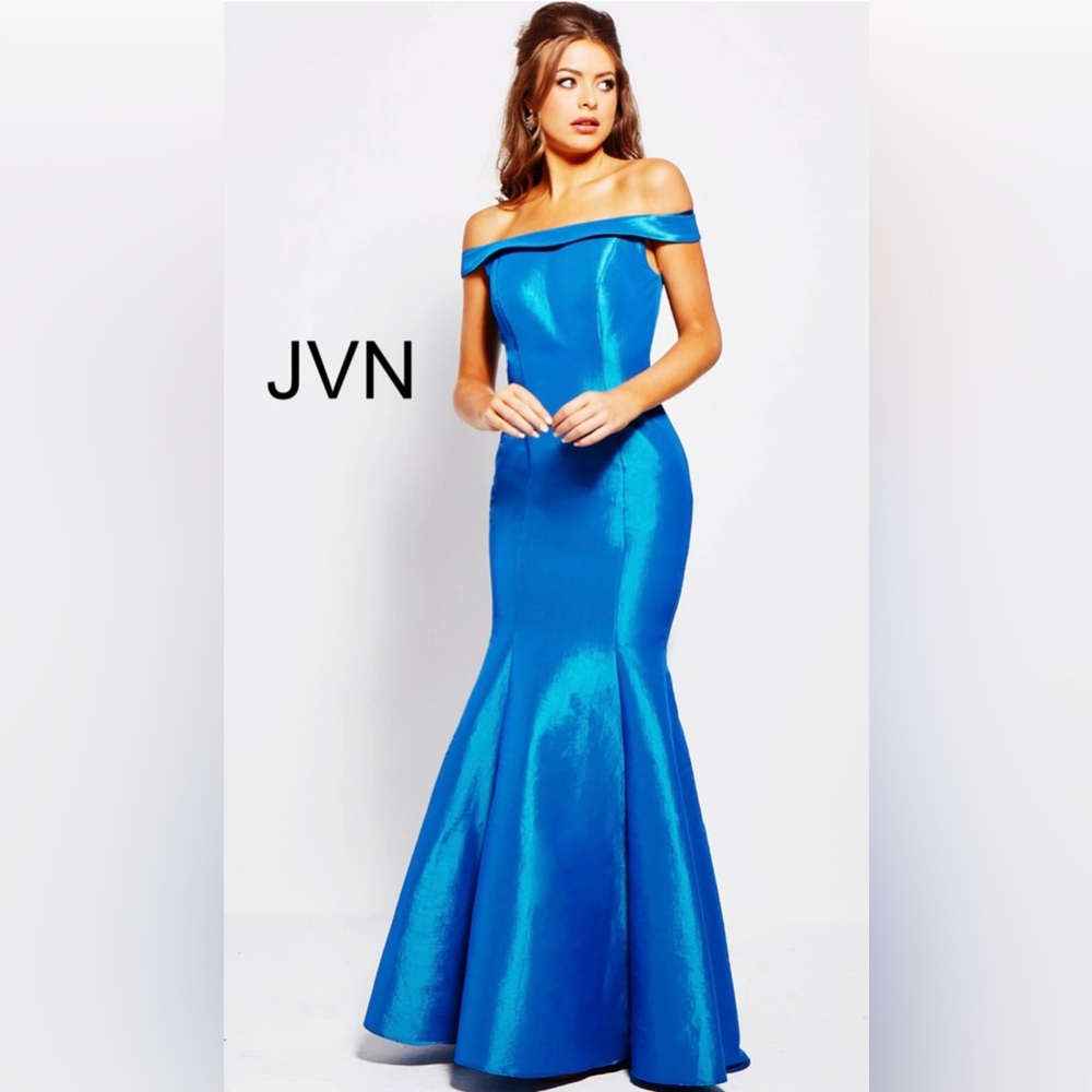 JVN By Jovani Iridescent Teal Off The Shoulder Mermaid Gown Size 6